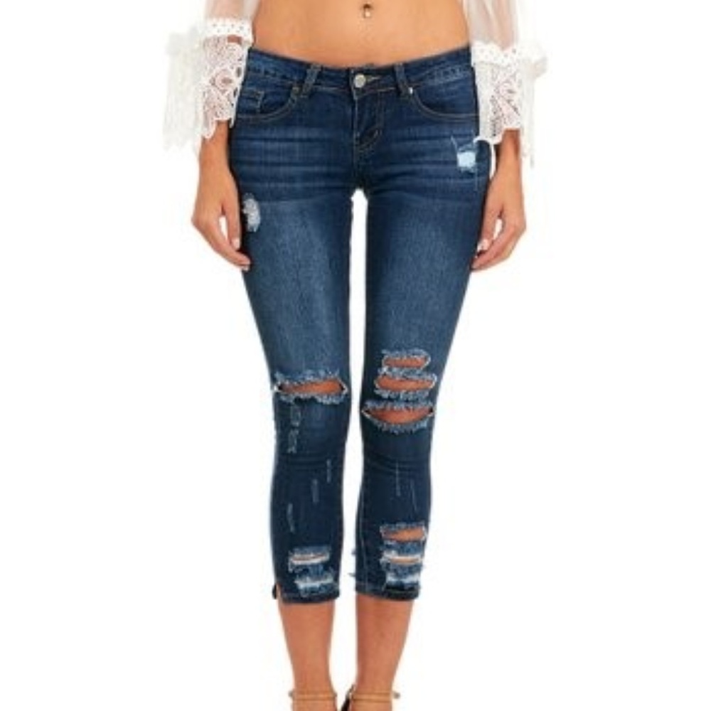 Dark Blue Distressed Cropped Mid-Rise Skinny Jean